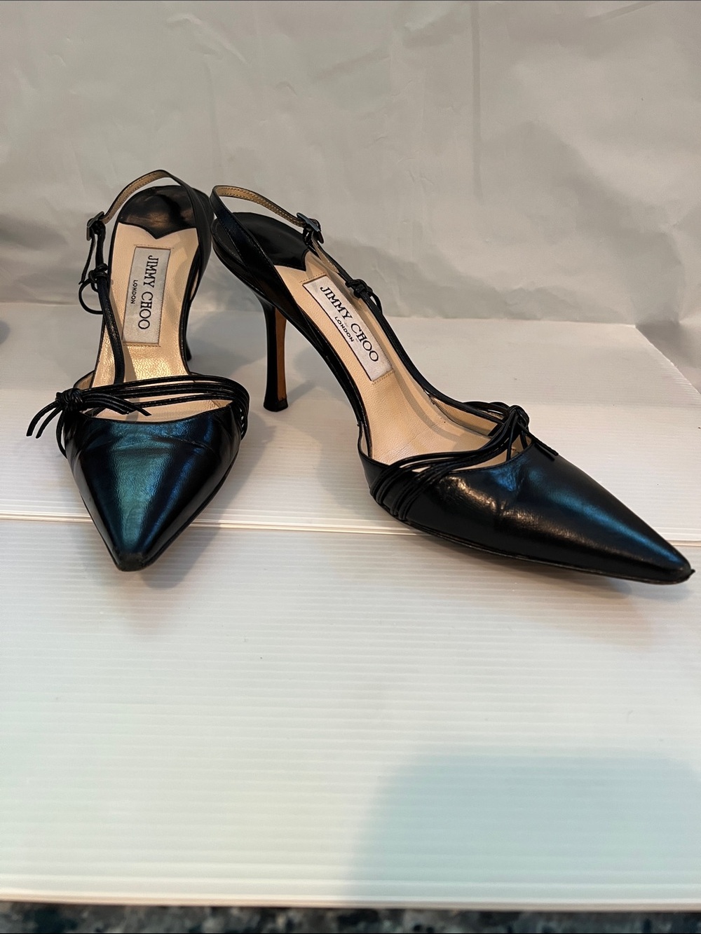Jimmy Choo Sz 38 Black Leather Slingback Heel Pointed Toe Pumps 3” heel